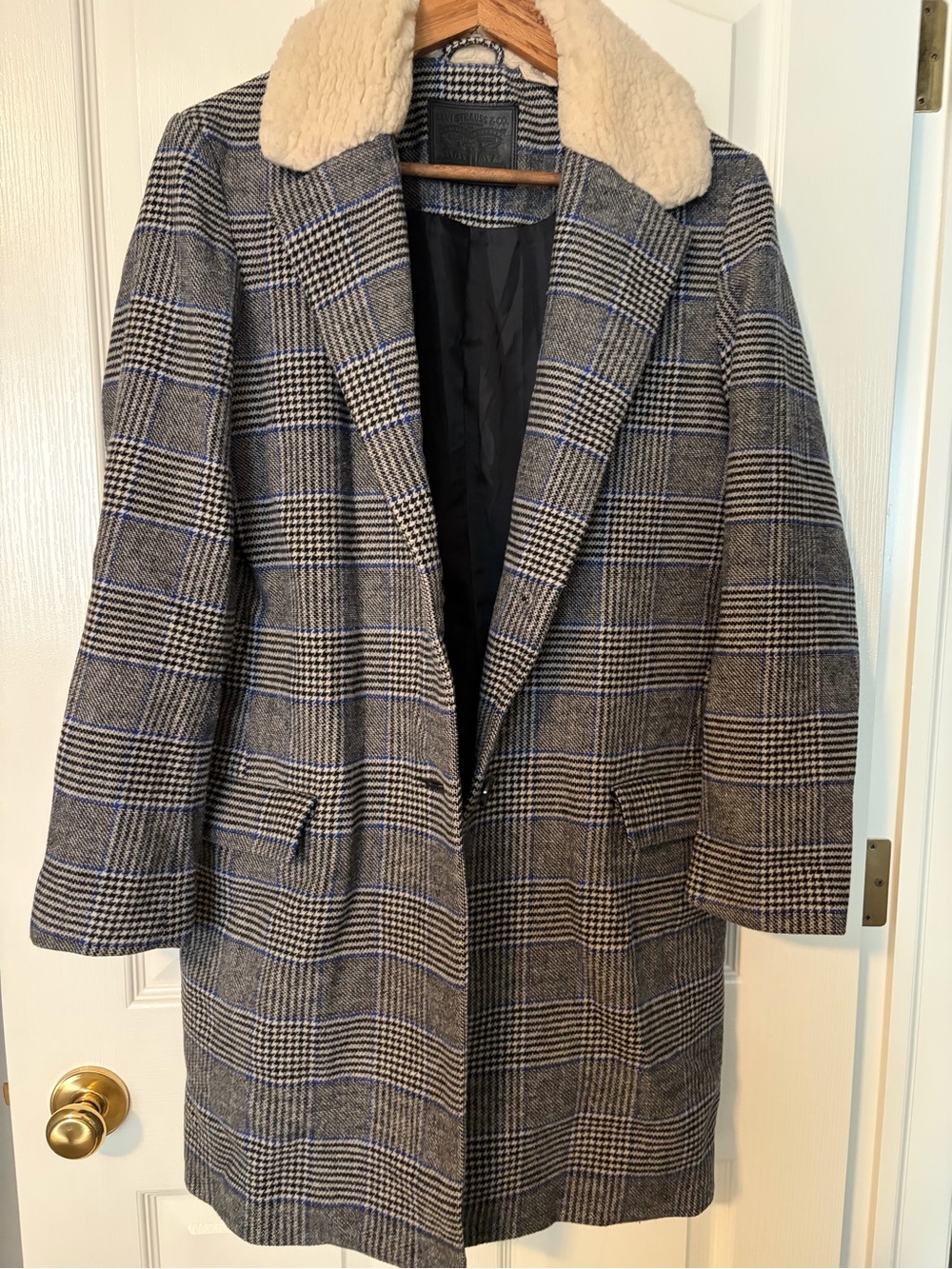 Levi's Wool Blend Plaid Top Coat with Sherpa Collar
